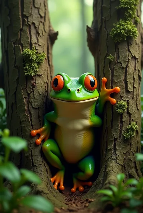 Green frog stuck by its rear between two trees 