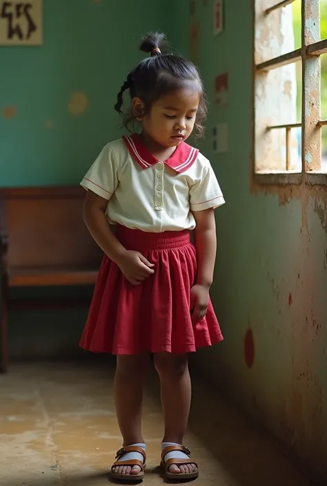 Realistic detailed photo, highly detailed  srilankan school child girl, highly detailed the feeling of automatic female  and automatic squirting happening at the same time, full body photo, highly detailed that tightly pressing urine area with pain,