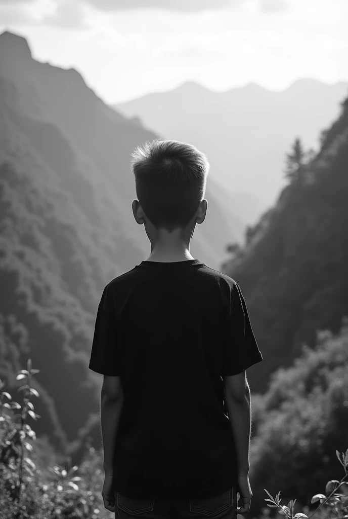 A boy with his back to black and white, with a black t-shirt, It&#39;s for my profile picture on tik tok, I am the creator of Hopecore, and lively, with a mountainous and green landscape, nice background 