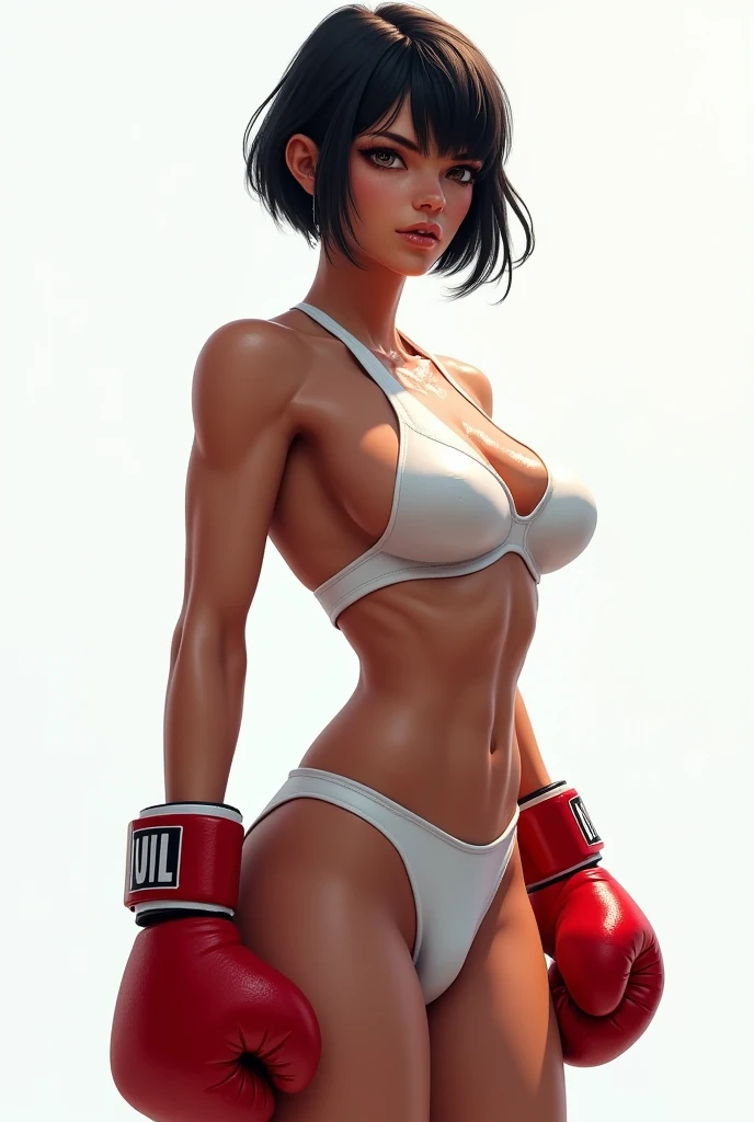 female fighting game character model, 3d rendering, Conceptual art, human, Realistic color, Boxing Champion, red boxing gloves, White swimsuit, shirtless, sweaty, thousand american, middle aged man, muscular!!!, (Only), piece, strong, short hair, black fur...