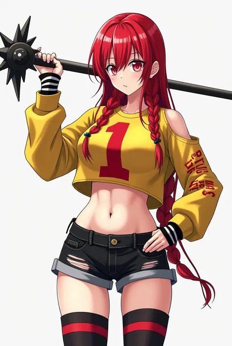 A 1 Anime Woman, white, with long red hair (rot) wearing a yellow sweatshirt with a dark red number 1 print, the sweatshirt is short at the bottom, leaving the belly exposed, has 2 piercings on her belly near her navel, has big breasts, the right side of t...