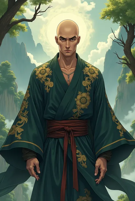 Make a murim manhwa character, baldie, has black eyes, he is wearing a Buddhist murim cultivator&#39;s outfit , he is a handsome 20 year old man. I want the anime style character