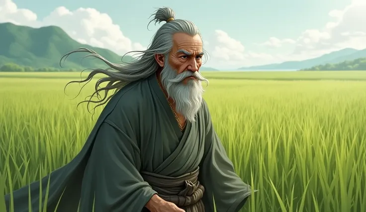 Heo Ok, with his thin scar that crosses his left eye, walks among the green rice fields. The long, gray beard sways in the gentle wind, while your wise eyes, untouched by the scar, watch the horizon closely.