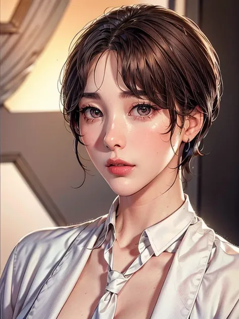 beautiful korean woman wearing white shirt and necktie, short hair, beautiful detailed eyes, beautiful detailed lips, extremely ...