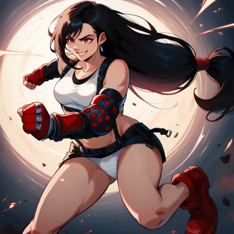 score_9, score_8_up, score_7_up, score_6_up, 1girl, adult, tifa lockhart, (ultra HD quality details), (( red eyes, black hair, low-tied long hair, earrings, white sports bra, black suspenders, black miniskirt, arm warmers, black elbow gloves, elbow pads, r...