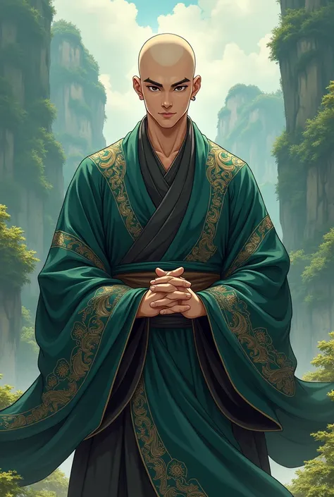 Make a murim manhwa character, baldie, has black eyes, he is wearing a Buddhist murim cultivator&#39;s outfit , he is a handsome 20 year old man. I want the anime style character