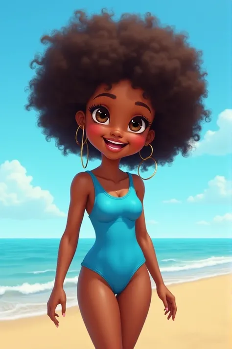 Create a cute dark skin girl with blue swimsuit on the beach with afro hair