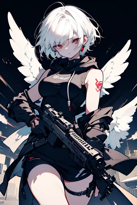 1 girl、Mature、Ample breasts、short hair、Angel、Neutral facial features、cool、Black costume、White Hair、Tattoo、Dark Room、Lock、hoodie、Holding a gun、Ready for battle、Red earrings、Sleeveless、cool、Armament、Arm Covers