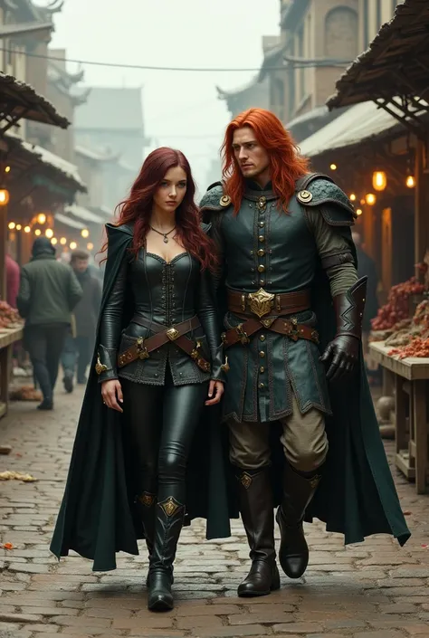 Mulher Youngh, with wine hair, with black leather uniform, wearing black cape, walking next to tall man, brawny, Youngh, with long orange hair, greeneyes, with gray leather uniform, with dark green cover, in the center of a medieval village, where there ar...