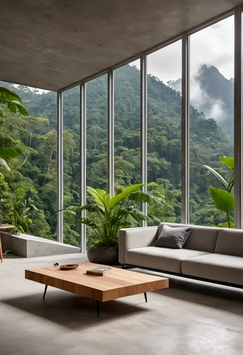 view of a living room with sofa, coffee table, and a large window, mountainous jungle setting, minimalist house in wood, hitech ...