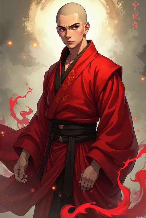 Make a murim manhwa character, baldie, has black eyes, he is wearing a red Buddhist robe of a murim cultivator , he is a handsome 20 year old man. I want the anime style character