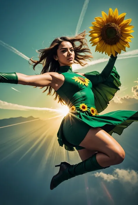 Green sunflower superhero flying