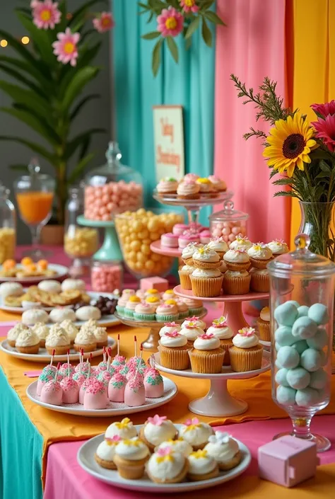 1. Selection of sweets:
Mini cupcakes with tropical decoration (sugar flowers, bright colors like yellow, orange, y green).
Macarons in pastel tones that match the decor.
Cookies decorated with palm tree shapes, flores hawaianas o Piñas.
Cake pops covered ...