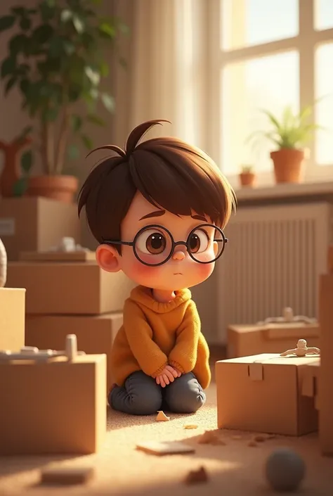 a  with glasses, very short brown hair, playing in the living room, with cardboard boxes and cut sheets looking  