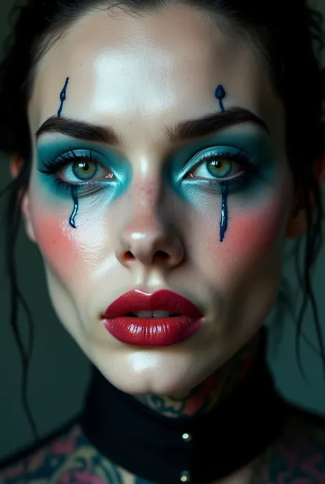 a beautifully made-up face like woman but it’s a man, you can see that it is not made up with cosmetics, but with foundation, eyeliner, blue eye shadow, thin line eyebrows, glossy puffy lipstick, etc. All the colors of the makeup are reproduced in the tatt...