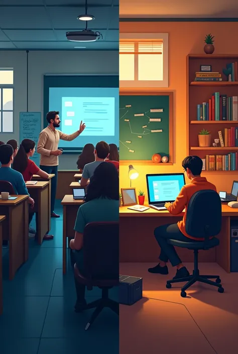 Generates a split image in 2 showing the difference between in-person university education (Classroom full of students watching classes) and distance university education from home (online)