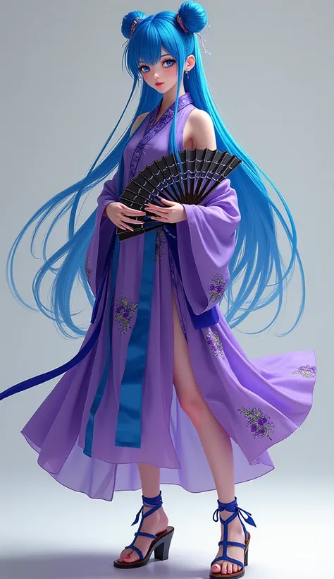 1girl, beautiful detailed blue eyes, beautiful detailed blue hair, bangs, single two bun, simple background, out of frame, tachi-e, Chinese Chinese dress, violet, purple and blue, martial art sandals, steel fans pattern fangs, (best quality,4k,8k,highres,m...