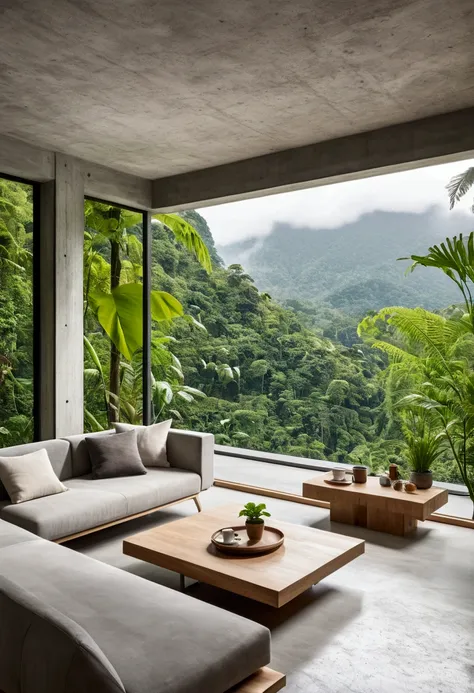 view of a living room with sofa, coffee table, and a large window, mountainous jungle setting, minimalist house in wood, hitech ...