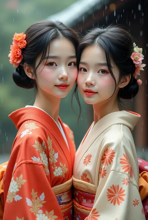 full body portrait of two pretty young woman in a vibrant kimono attire. The woman has delicate features, with soft, smooth skin and a glowing complexion. Her face has a gentle smile, upward gaze, giving her an ethereal and graceful presence. most delicate...