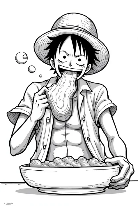 luffy d. monkey eating meat in black and white coloring page

