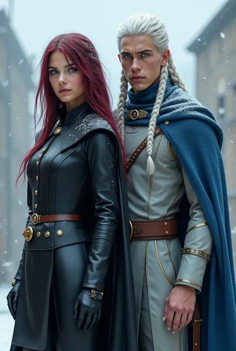 Mulher Youngh, with wine hair, with black leather uniform, wearing a black cape at a medieval military institute next to a tall man, brawny, Youngh, with light gray leather uniform, with long white hair in braids, with blue eyes and blue cape, on a cloudy ...