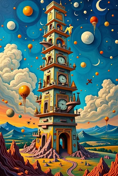 The Tower of Babel painted by Salvador Dali with Van Gogh style landscapes
