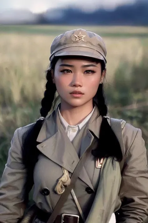 An asian girl in a military uniform standing in a field, beautiful detailed eyes, beautiful detailed lips, extremely detailed eyes and face, long eyelashes, military uniform, field, tall grass, dramatic lighting, cinematic composition, intricate details, c...