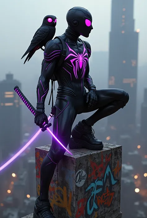 A graffiti punk medium shot of spiderman,  graffiti-covered skyscraper. His armor is a mix of sleek, matte black plating and neon purple accents, pulsating with glitching light. Perched on her shoulder is a sleek, robotic owl with rotating, glitchy red eye...