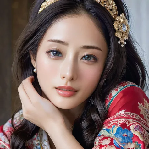 ((Highest quality)), ((masterpiece)), (detailed), （Perfect Face）、The woman is Satomi Ishihara, a beautiful Japanese woman with black hair, large breasts, beautiful proportions, and an engagement ring.、The woman is smiling and dressed in a gorgeous Russian ...