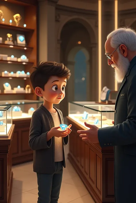 A luxury jewelry store : A high-end jewelry store with glass display cases displaying sparkling gemstones. The boy is entering the store, holding the stone, while an elderly jeweler behind the counter looks surprised and excited.


