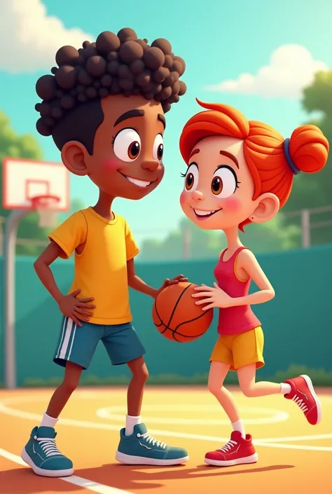 A couple, a tall light skin guy with voluminous curly hair and a girl with short red hair, flattered on a basketball court, both wearing basketball clothes, the image more cartoonish, the shorter and less white 
