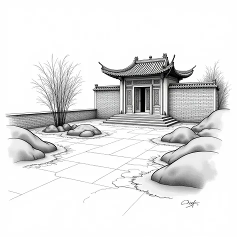 Generate a high-resolution black and white line style image of an ancient Chinese exquisite bungalow building courtyard，The building&#39;s perspective is tilted towards，The building is one storey high，Simple and exquisite，There are beautiful traditional or...