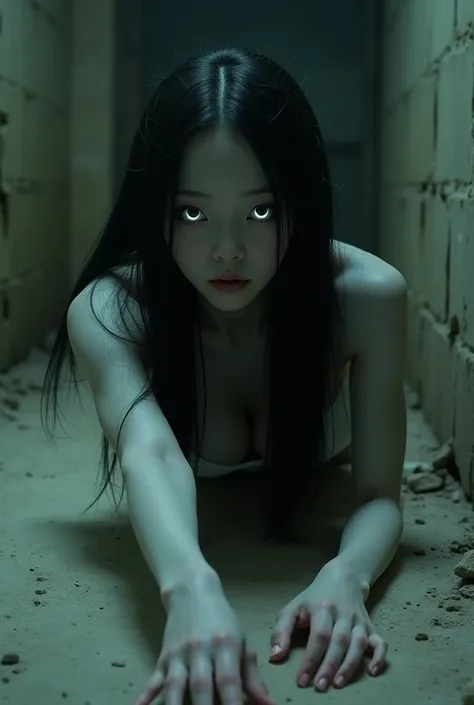 realistic, Japanese ghost, Women, long hair, (White eyes) , Crawl, facing the camera, open shoulders, breasts look a little, big breasts, in a dirty old house