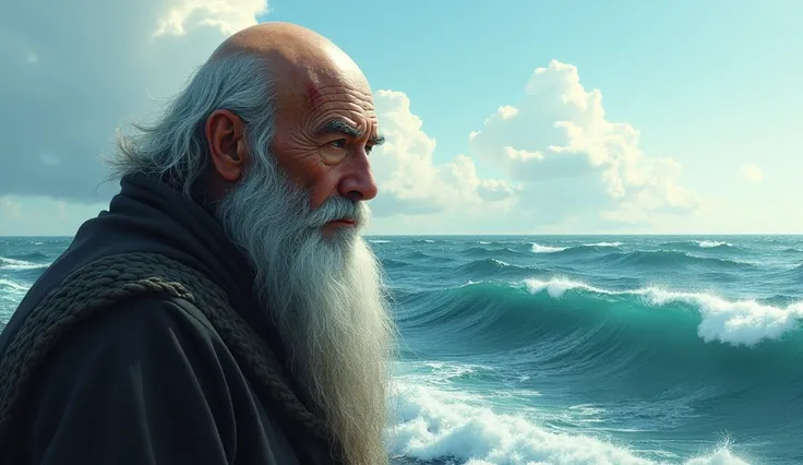 Standing before the waves, Heo Ok looks out to sea with his bald head shining in the sun and his gray beard swaying in the salty breeze.. The scar on his left eye seems to intensify his deep gaze, as if you could see beyond the horizon.