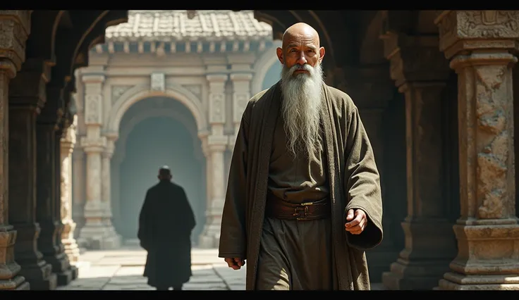 Heo Ok, with his bald head shining and his long gray beard falling gently over his chest, moves between the ancient temples. Their eyes, marked by the scar on the left eye, seem to capture the ancient wisdom of the temples, absorbing the spiritual environm...