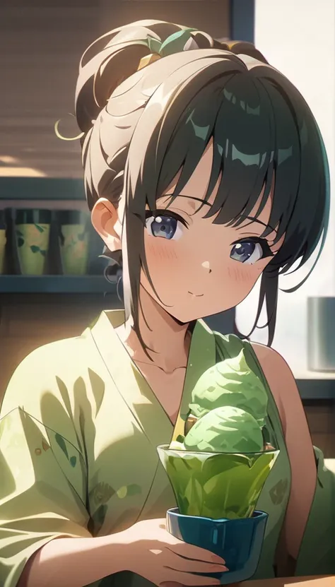 (((green tea ice cream in a cup with a spoon)))、Yukata、black hair,black eye,High quality, high definition images, full HD, 8k,((Highest quality、masterpiece、Anime Style、Highest quality、High resolution、8k、detailed、ultra-detailed:1.3)),Beautiful girl