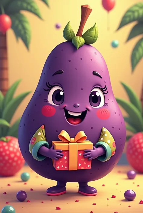 Acai fruit in a cute cartoon doll version, wearing a shirt with Confaí written on it. holding gift 