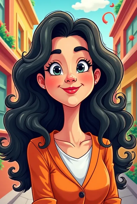 Cartoon girl 40 years old dark brunette with long wavy curly hair 