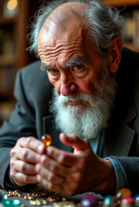 


A jeweler admired by the stone : A close-up of an elderly jeweler with a look of astonishment, carefully holding the stone. The background shows a variety of precious gems and jewelry on display.