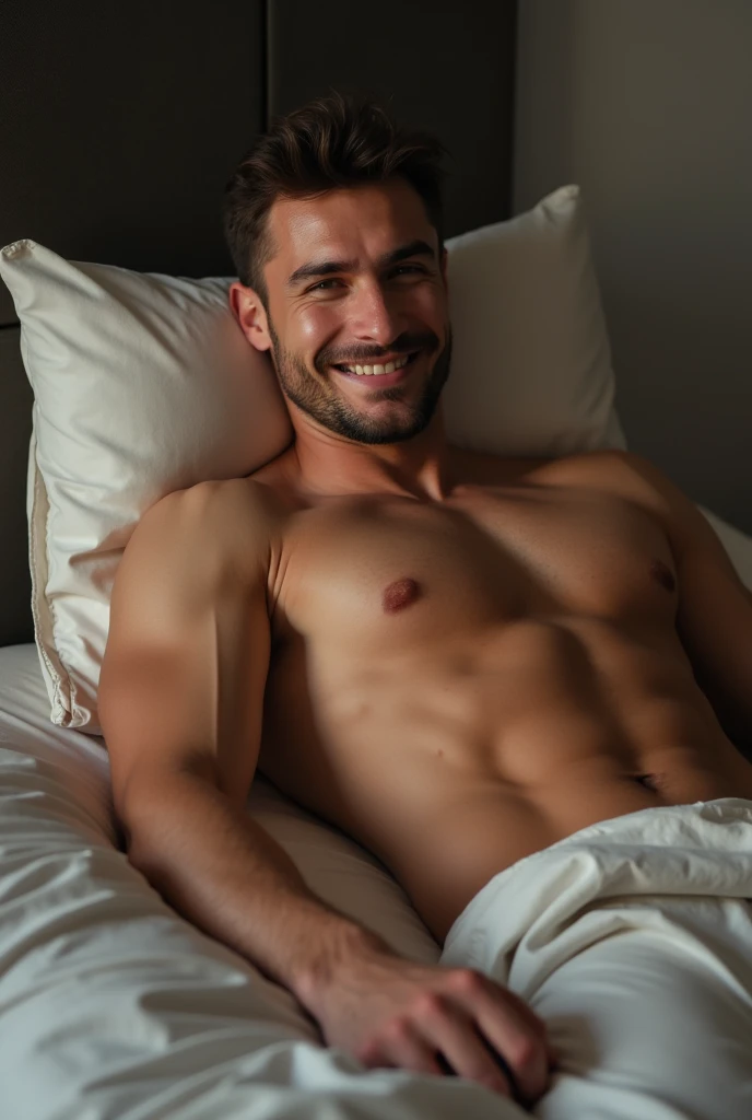 Handsome guy lying down，Eight-pack abs，Looking at the camera with affectionate eyes，88×800 image size，8K Ultra HD Pixels