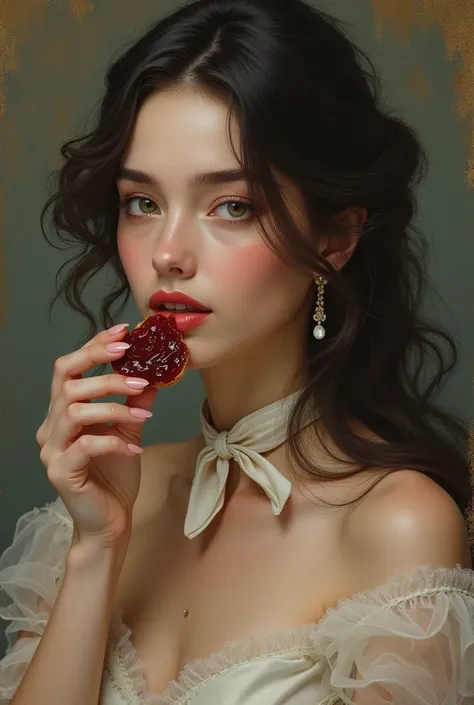 A sofisticated woman eating Jam, with around neckline showing the complete head with all the hair 