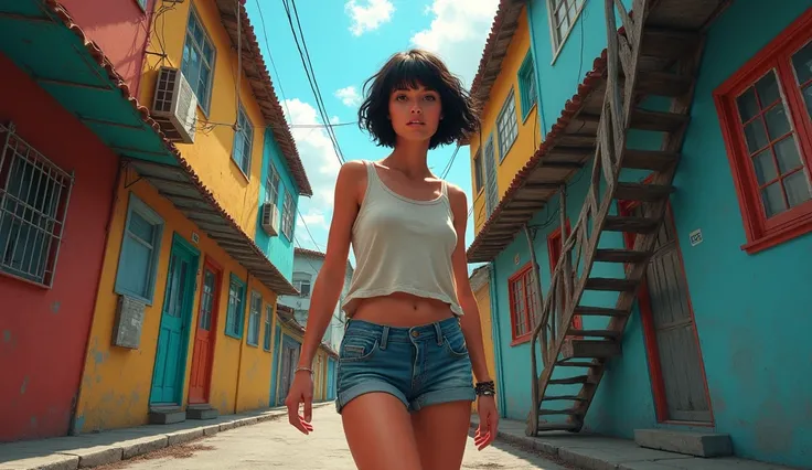 Woman with short shorts in the favela de costa