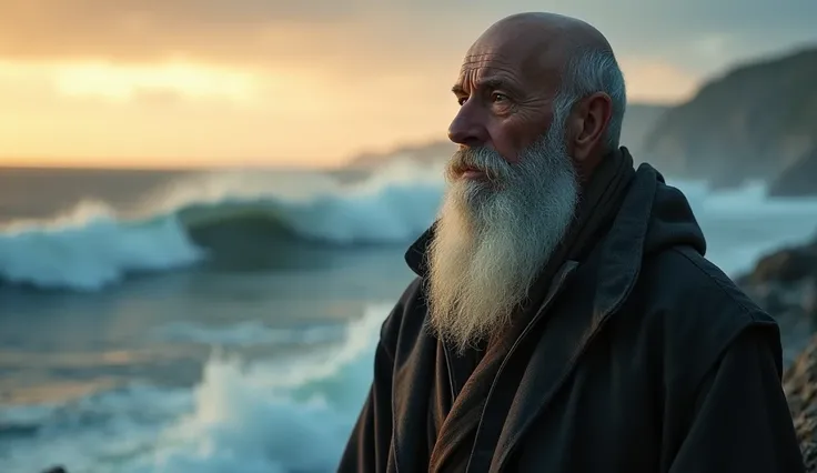 The wind stirs his long gray beard, as Heo Ok&#39;s bald head reflects the setting sun. The scar over the left eye, visible and striking, complements your wise eyes, who watch the rough sea with impenetrable calm.