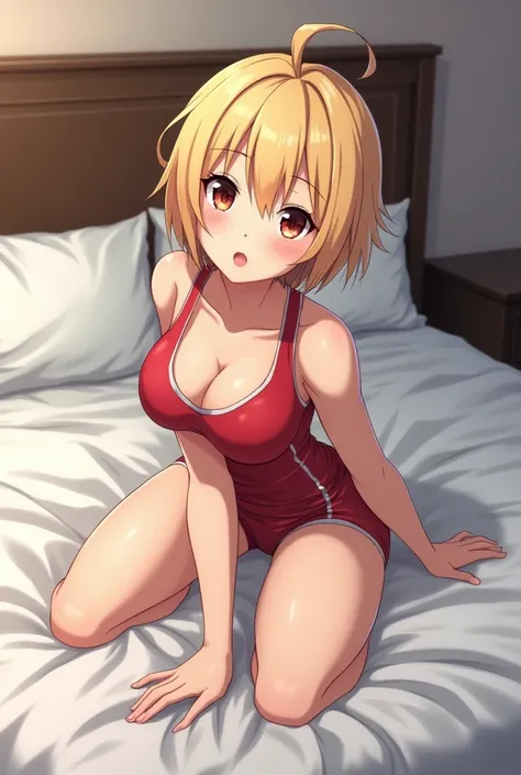 Short blonde hair anime girl in doggy style position on a bed in volleyball uniform