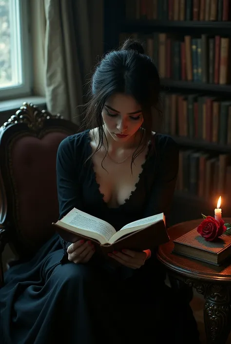 dark romance protagonist reading a book in her house 


