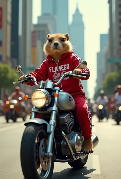 Prairie dog wearing a Flamengo tracksuit riding a gray Twister 2008 on Paulista Avenue