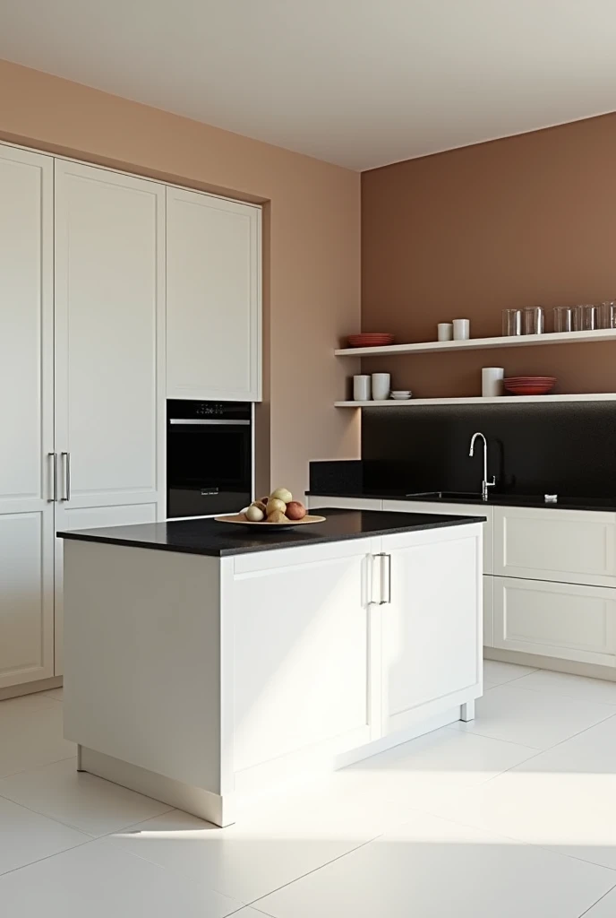 Wax a kitchen with white floors, white shelves, black granite countertops.
The walls are 2 colors, one beige and the other any color but that combines. Think like an interior designer 