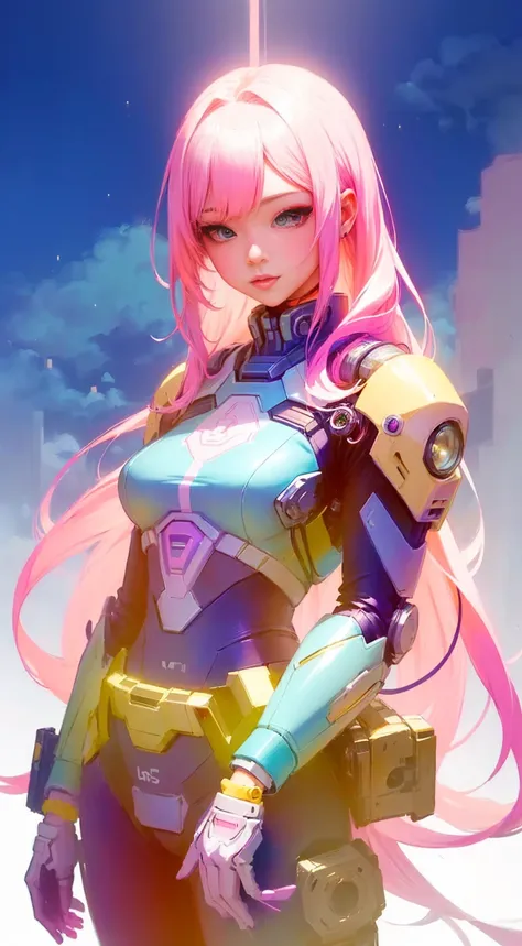 anime girl with pink hair and a blue body and a pink helmet, rossdraws cartoon vibrant, rossdraws pastel vibrant, lois van baarle and rossdraws, :: rossdraws, inspired by Lois van Baarle, cute cyborg girl, girl in mecha cyber armor, portrait anime space ca...