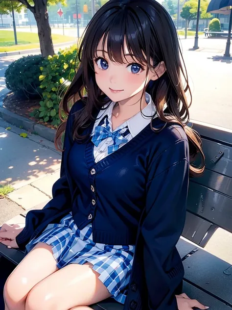 4k, bestquality, detailed, detailed scenery, detailed eyes, 1Girl, cute, adorable, straight hair, long hair, black hair, brown eyes, cleavage, smiling, looking at the camera, Background a park, (sitting on Park bench:1.5), cute school uniform, outerwear is...