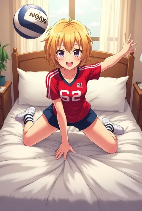 Short blonde hair anime style girl standing on her hands and feet on a bed in a volleyball uniform